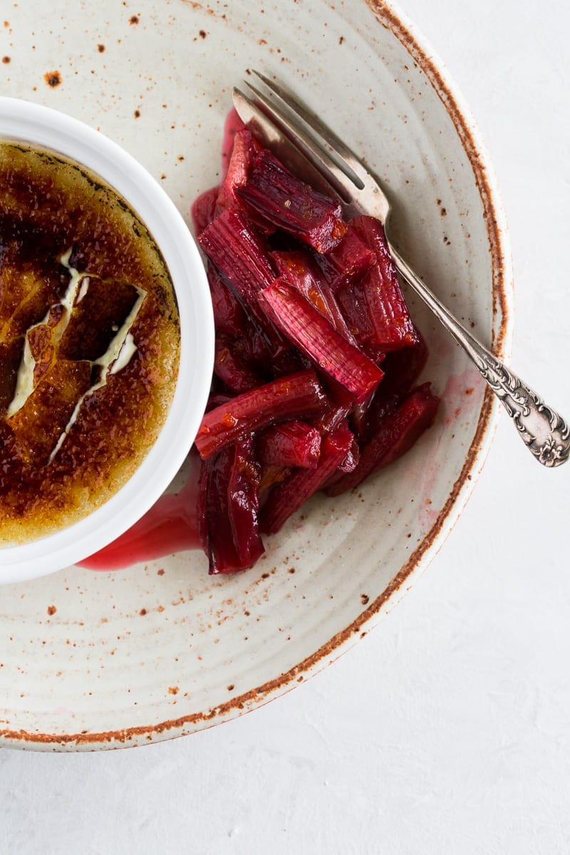 vegan crème brûlée and orange roasted rhubarb