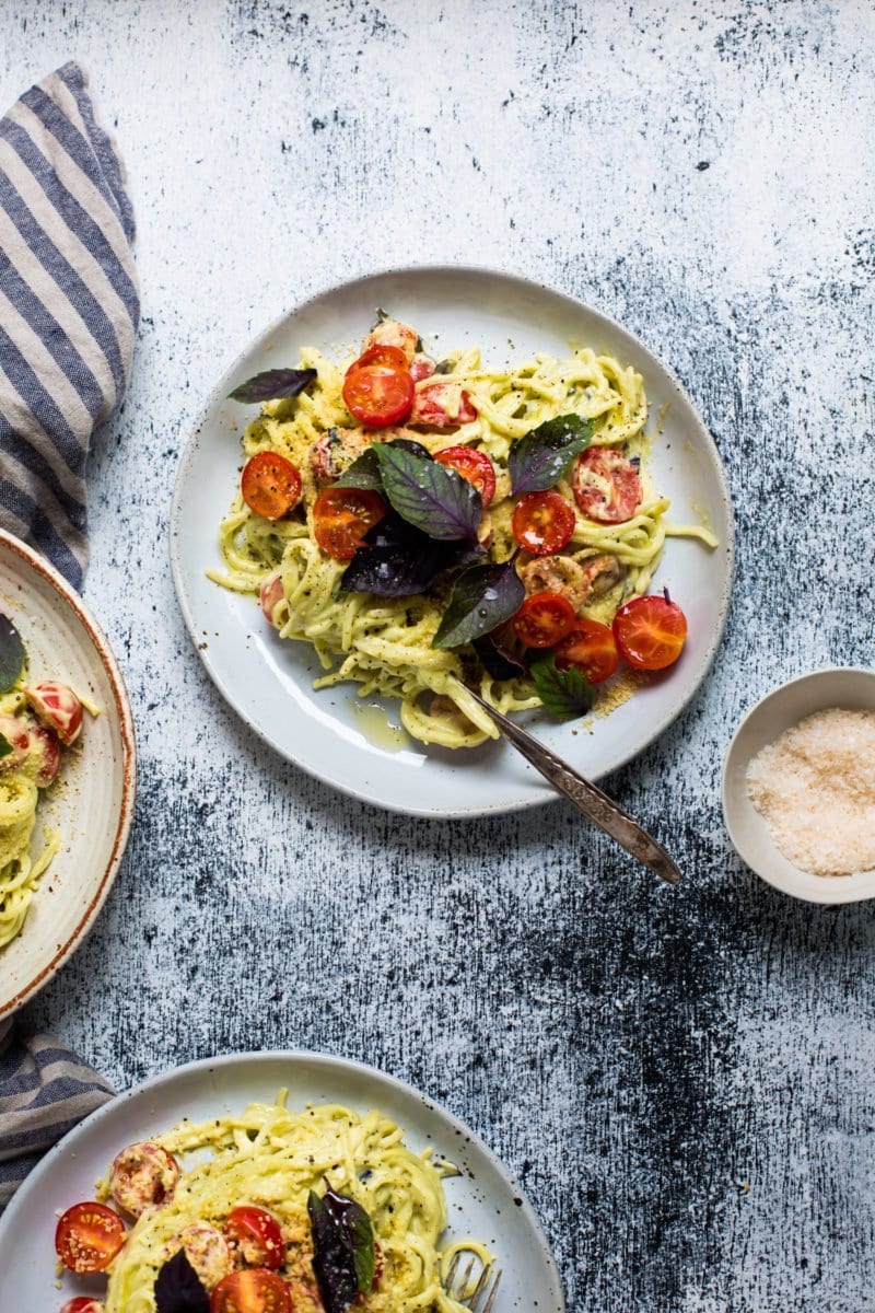 Avocado Cream Pasta with Cherry Tomatoes + Cashew Parmesan {vegan, gf